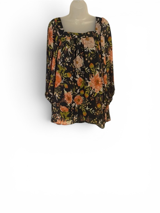 LC Lauren Conrad Tops - Floral Square-Neck Peasant Blouse in Black and Coral PLUS: 1X #G